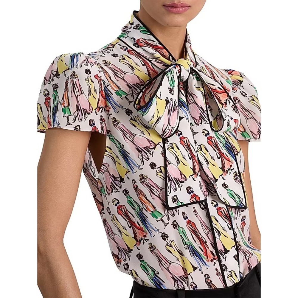 Alice + Olivia Jeannie Silk Staceface Fashion Sketch Bow Tie Top XL